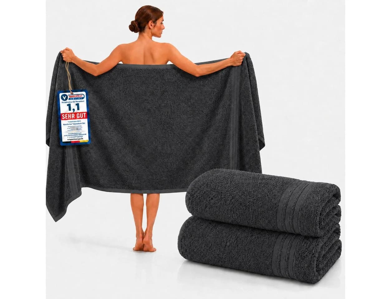 Komfortec Saunatuch 2er Set Anthrazit 100% Baumwolle 80x200 cm - Bild 2