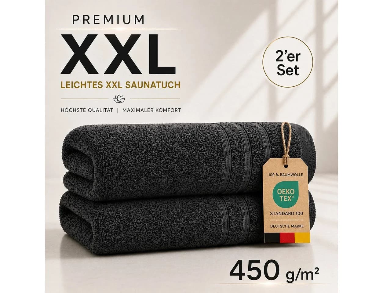 Komfortec Saunatuch 2er Set Anthrazit 100% Baumwolle 80x200 cm - Bild 3
