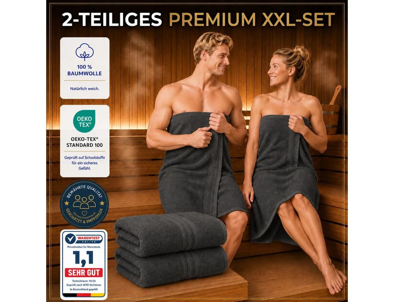 Komfortec Saunatuch 2er Set Anthrazit 100% Baumwolle 80x200 cm - Bild 4