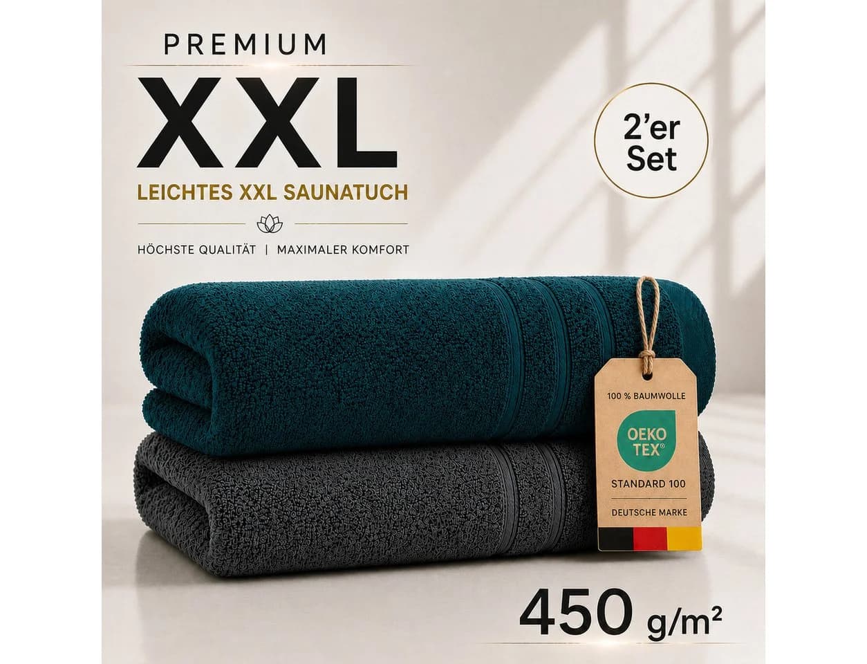 Komfortec Saunatuch 2er Set 80x200 cm 100% Baumwolle Anthrazit-Petrol