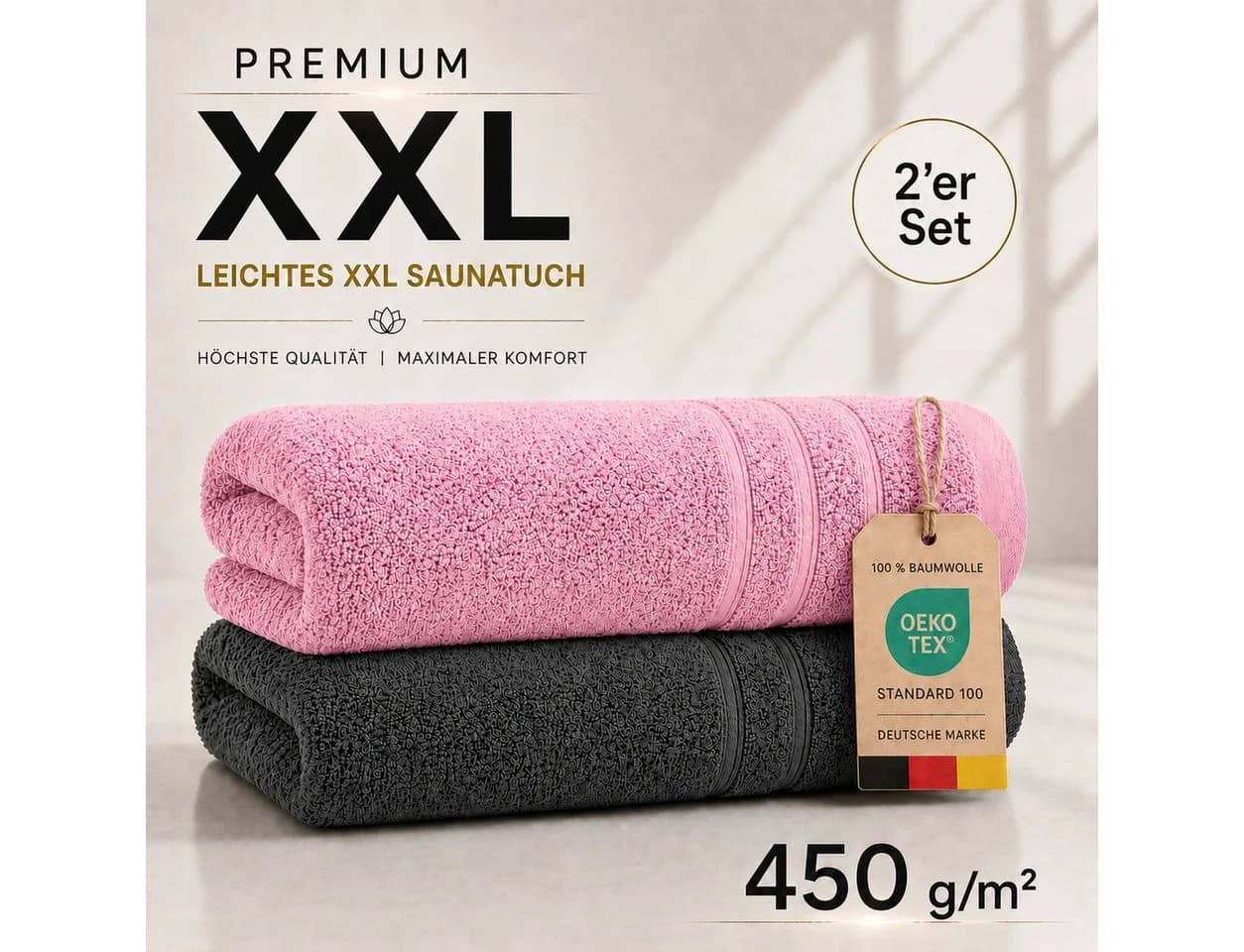 Komfortec Saunatuch 2er Set XXL 80x200 cm 100% Baumwolle Frottee