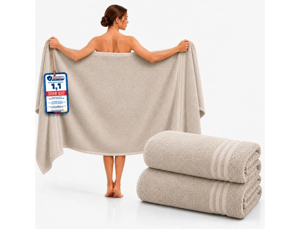 Komfortec Saunatuch 2er Set 80x200 cm XXL Frottee 100% Baumwolle Beige - Bild 2