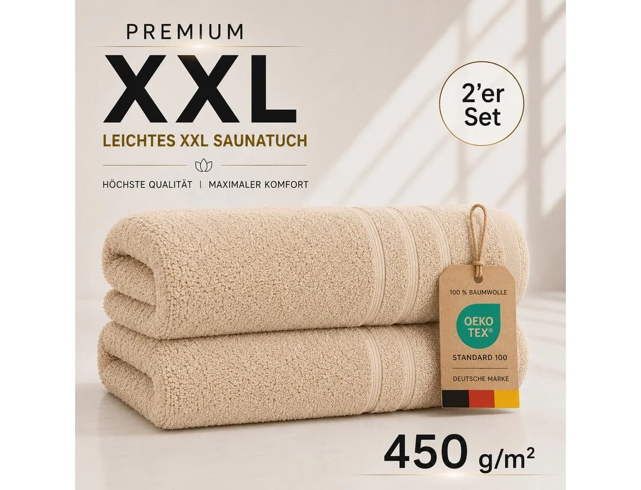 Komfortec Saunatuch 2er Set 80x200 cm XXL Frottee 100% Baumwolle Beige - Bild 3
