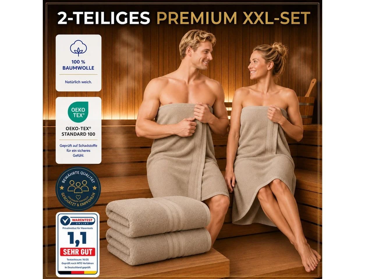 Komfortec Saunatuch 2er Set 80x200 cm XXL Frottee 100% Baumwolle Beige - Bild 4