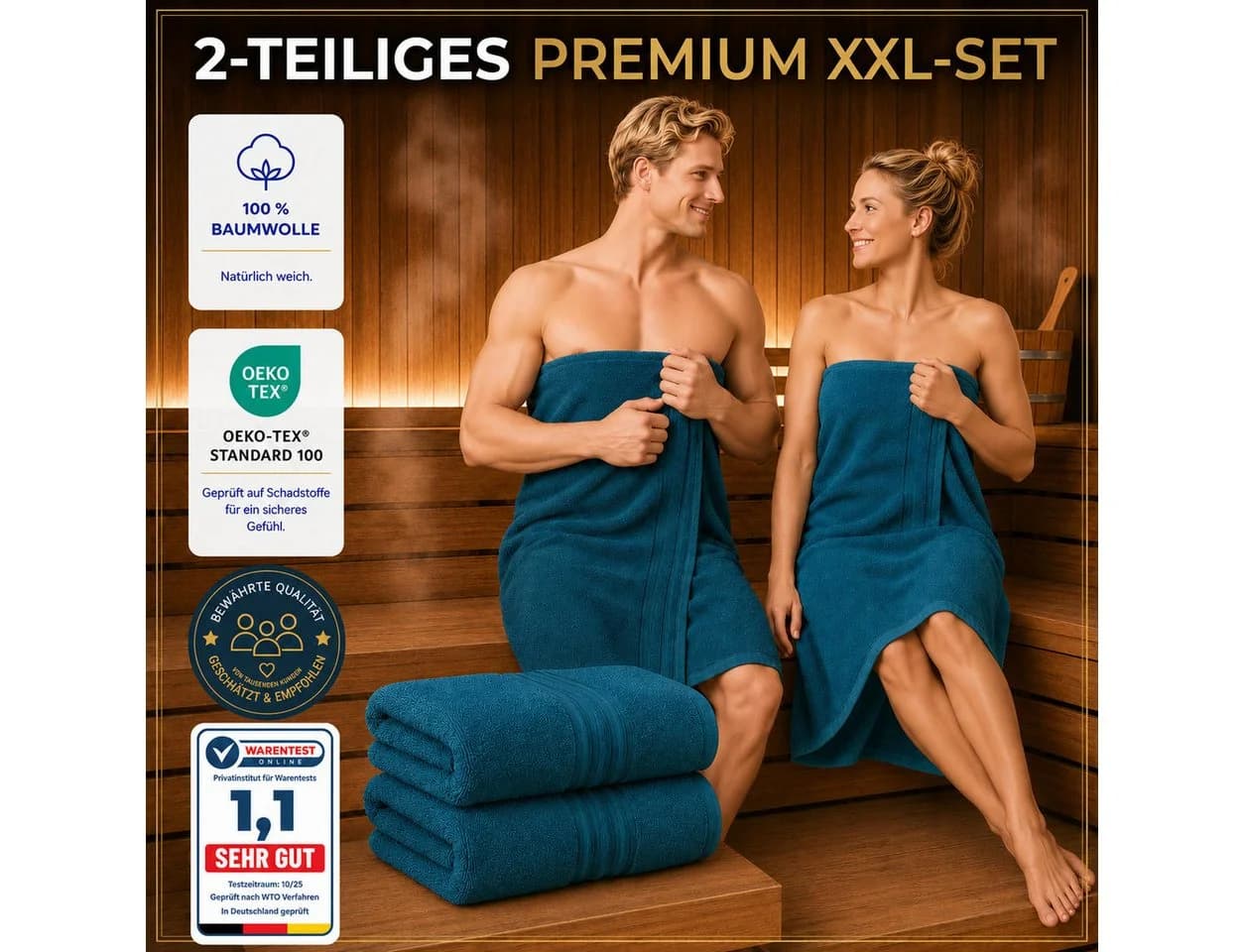 Komfortec Saunatuch 2er Set Petrol 80x200 XXL Frottee - Bild 4