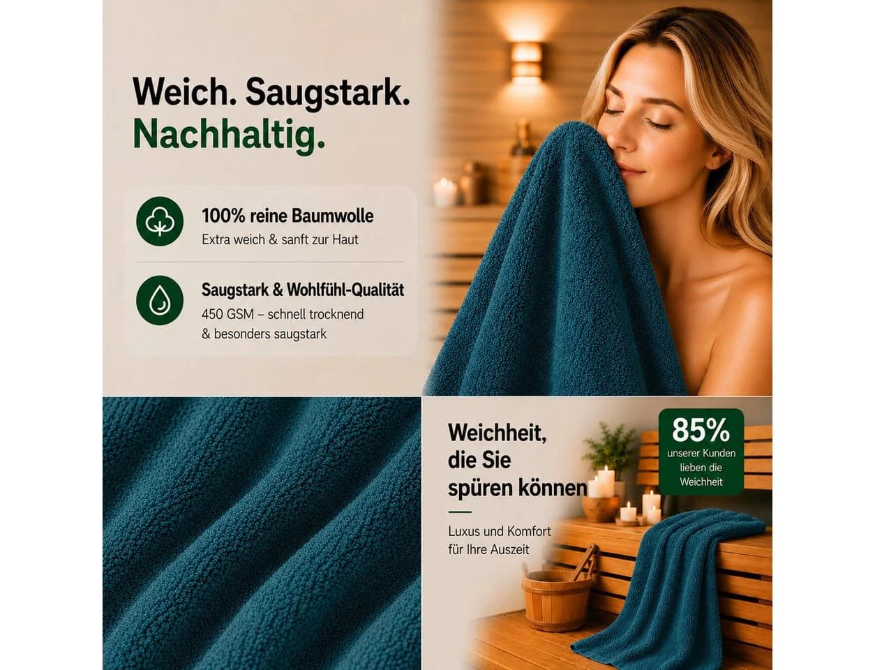Komfortec Saunatuch 2er Set Petrol 80x200 XXL Frottee - Bild 5