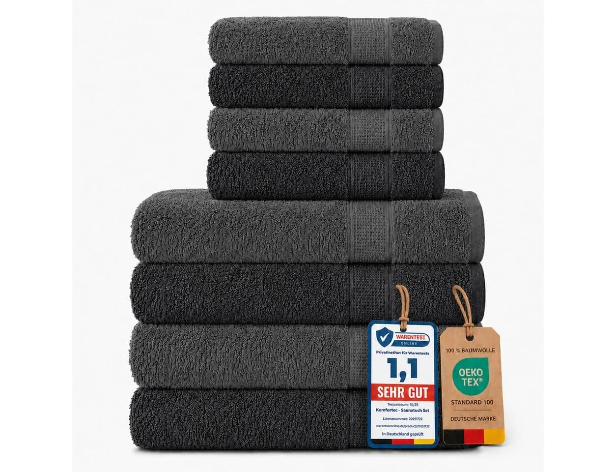 Komfortec Handtuch Set Premium 8-tlg. Anthrazit-Schwarz Frottee