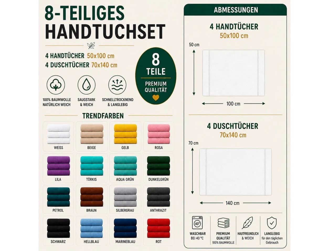Komfortec Handtuch Set Premium 8-tlg. Anthrazit-Schwarz Frottee - Bild 5