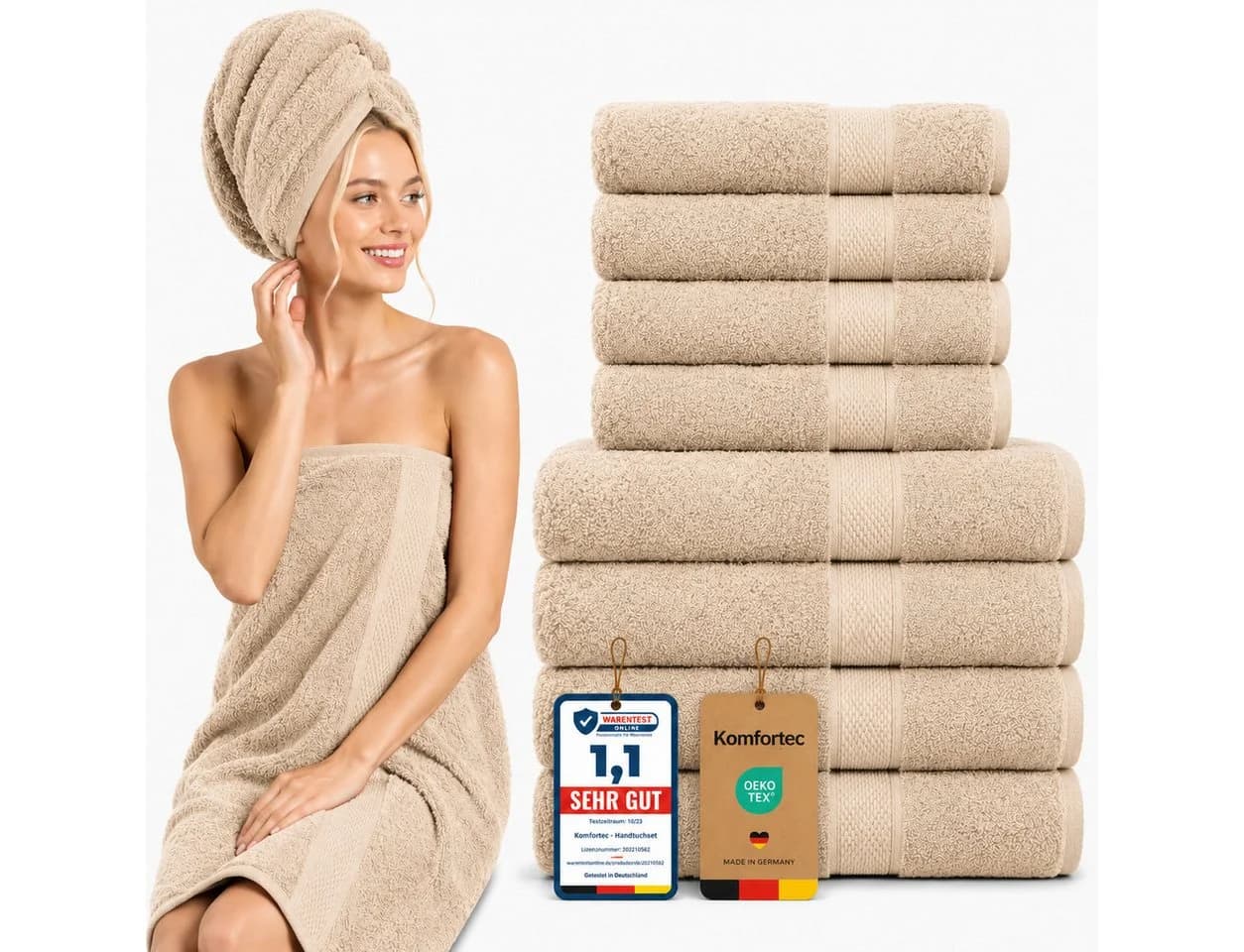 Komfortec Handtuch Set 8-tlg. Beige 100% Baumwolle Frottee - Bild 2