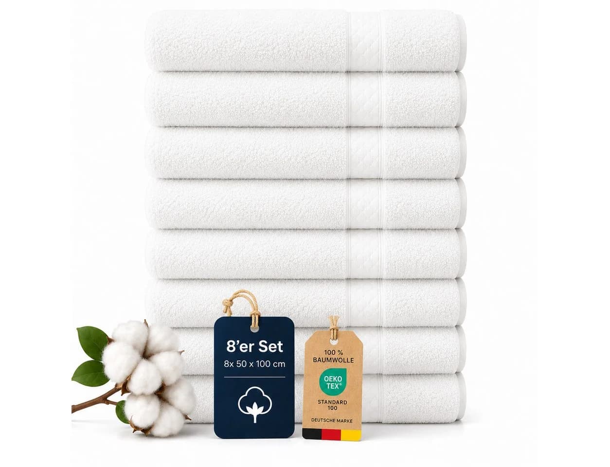 Komfortec Handtuch Set 8x Premium 50x100 cm Frottee 100% Baumwolle Weiß - Bild 2