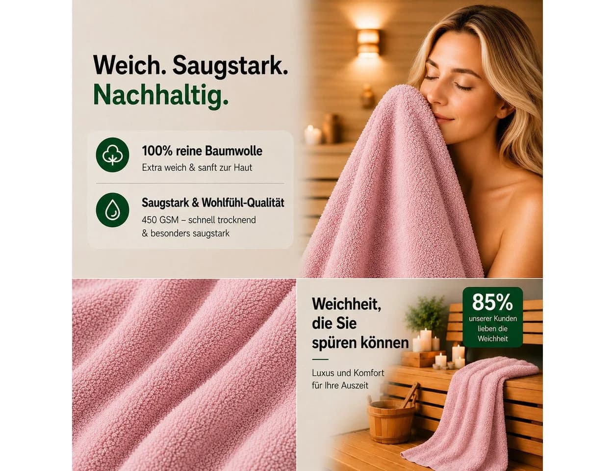 Komfortec Handtuch-Set 4-tlg. Rosa 100% Baumwolle Frottee - Bild 3