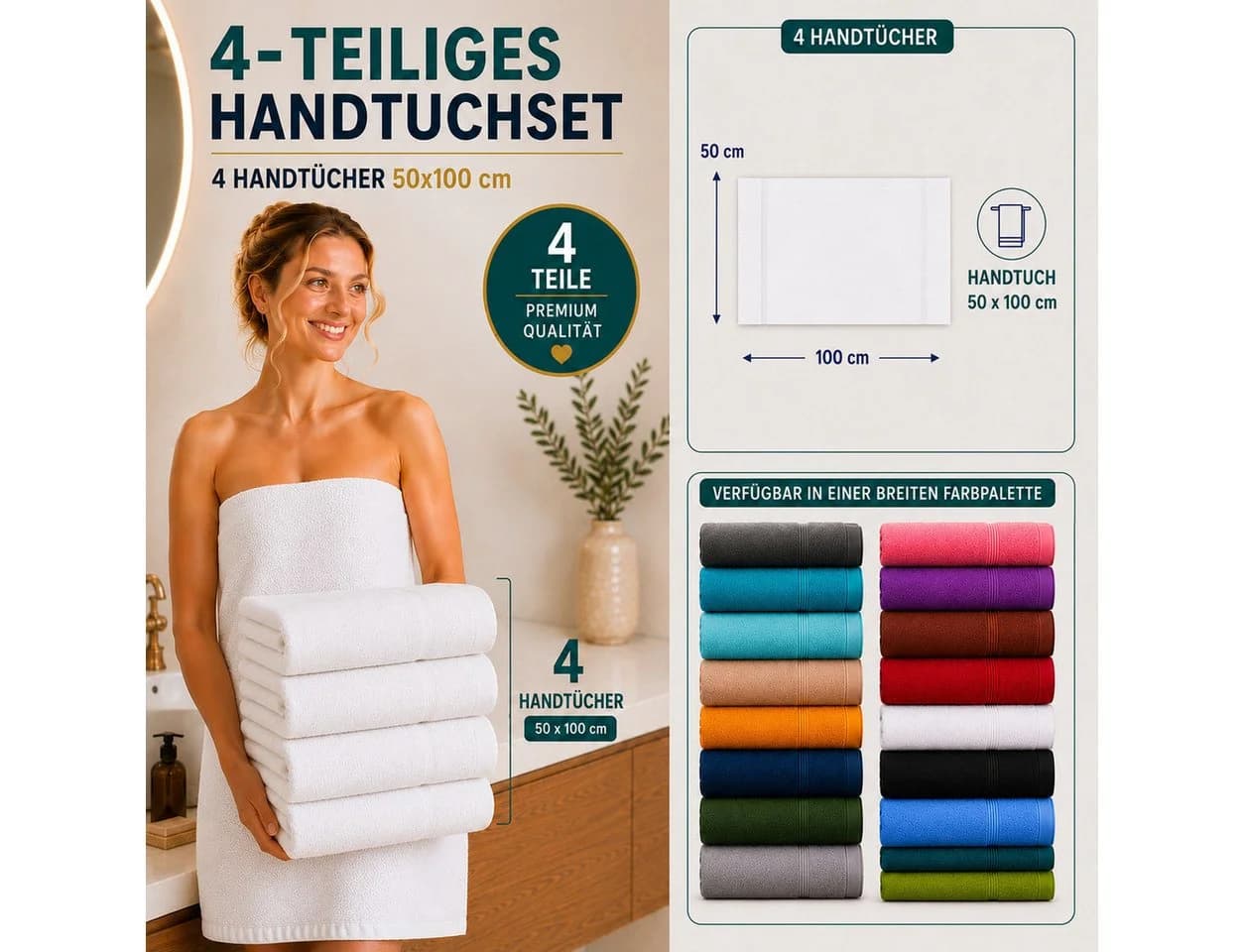 Komfortec Handtuch Set 4x 50x100 cm Grün 100% Baumwolle Premium