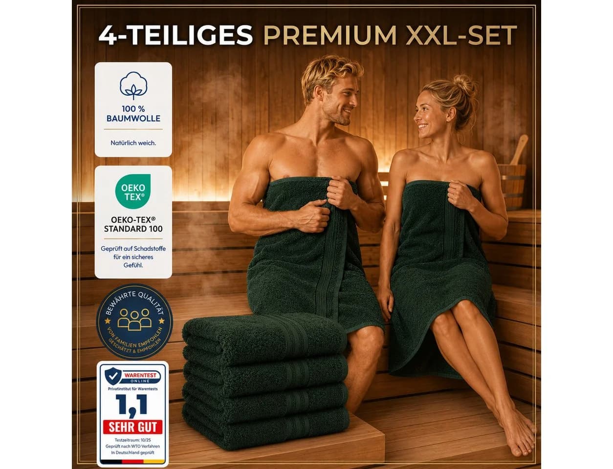 Komfortec Saunatuch 4er Set XXL 80x200 cm 100% Baumwolle Grün