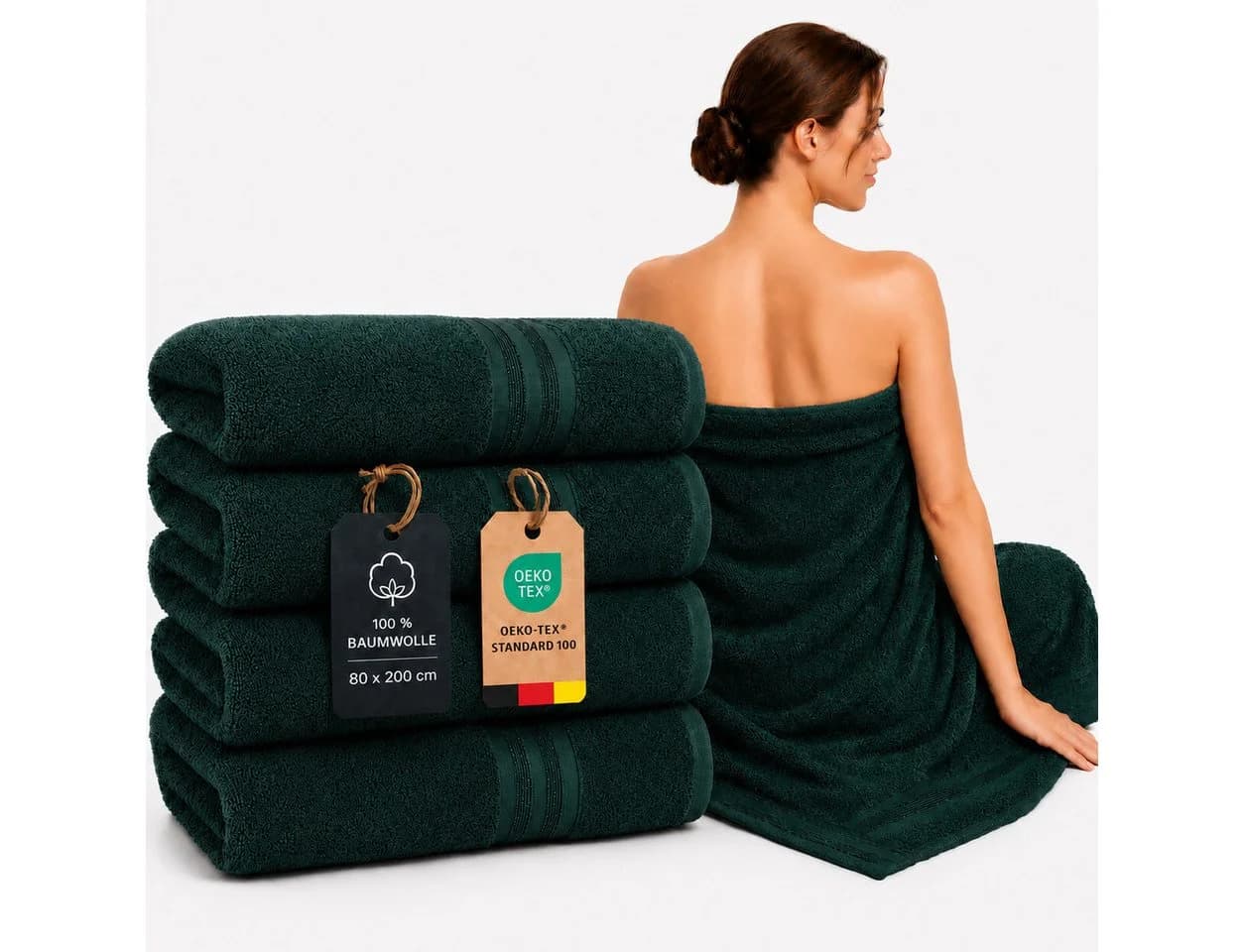 Komfortec Saunatuch 4er Set XXL 80x200 cm 100% Baumwolle Grün - Bild 2