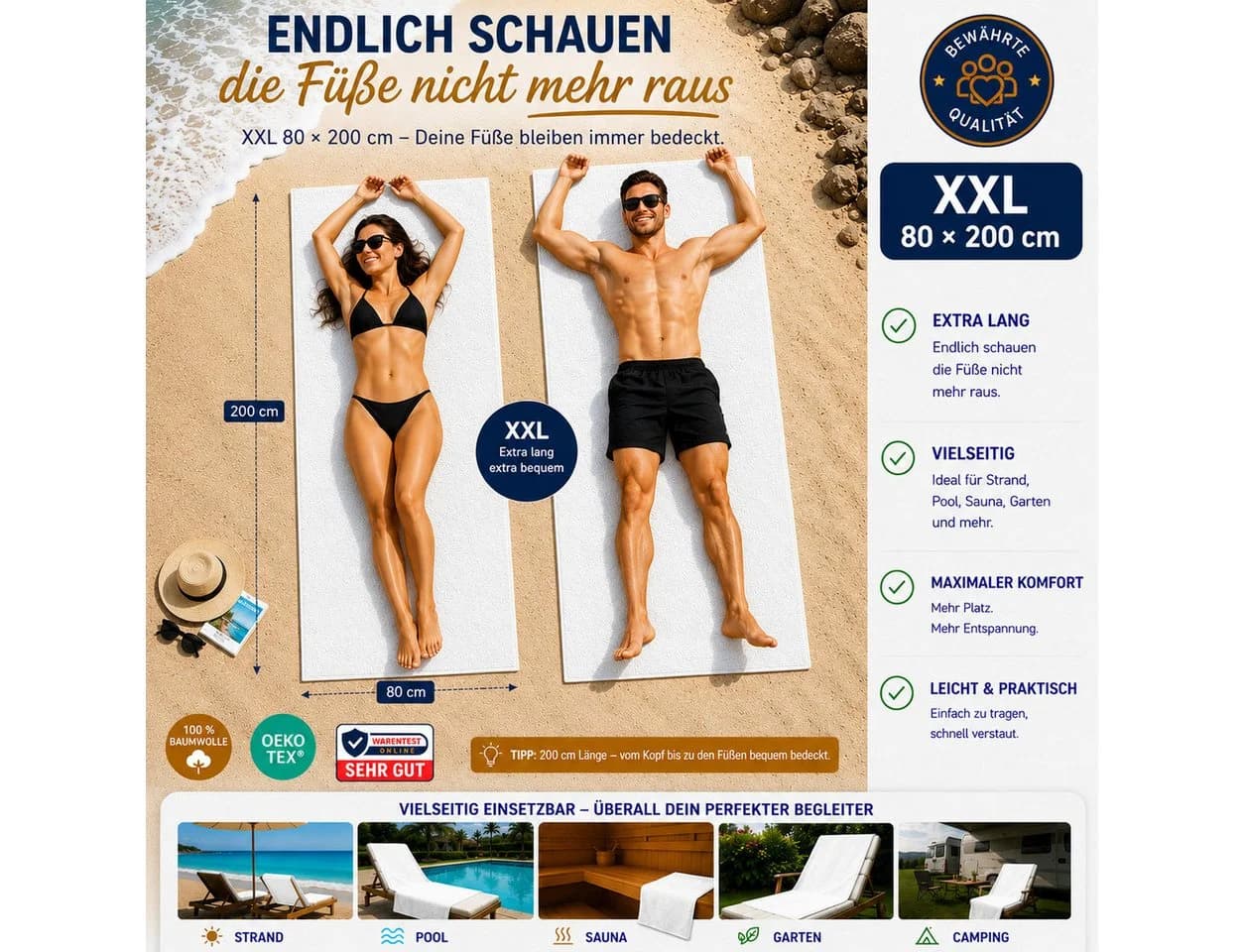 Komfortec Saunatuch 4er Set XXL 80x200 cm Weiß Baumwolle - Bild 4