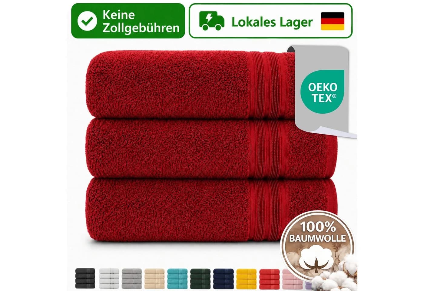 Komfortec Handtuch Set 3er Set Rot 100% Baumwolle Frottee - Bild 2