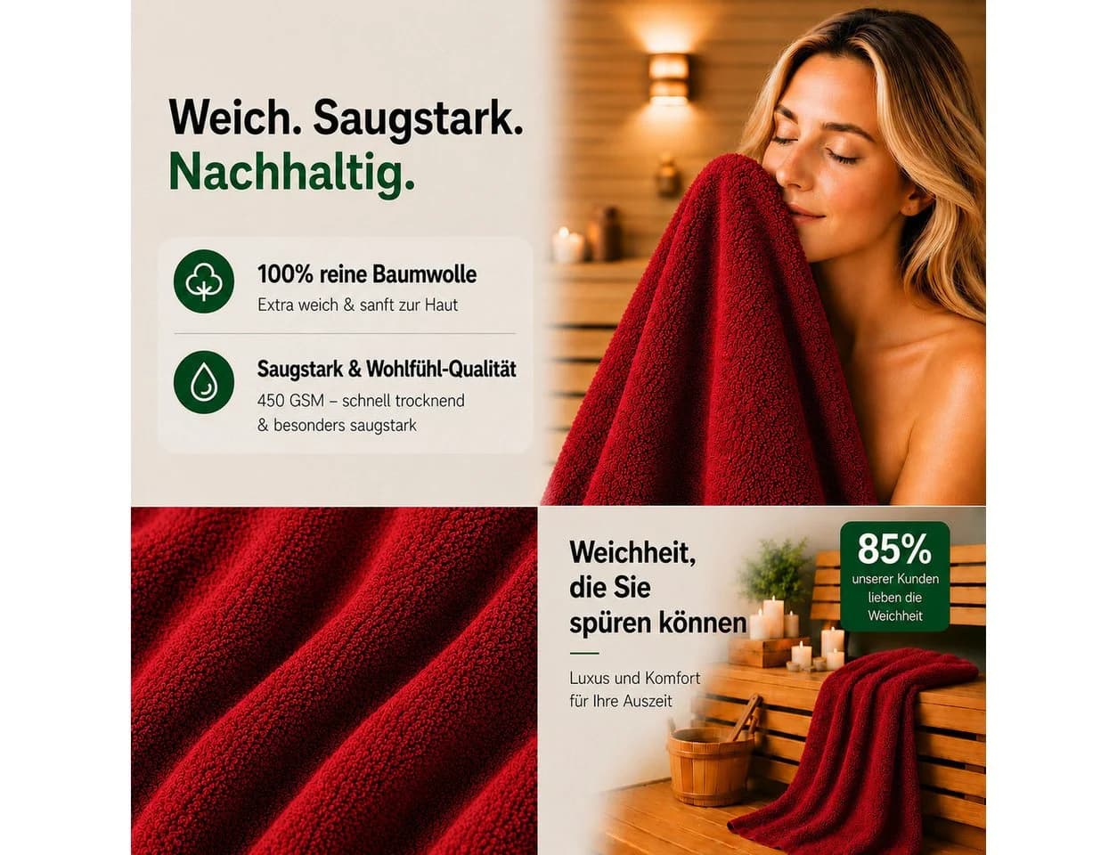 Komfortec Handtuch Set 3er Set Rot 100% Baumwolle Frottee - Bild 3