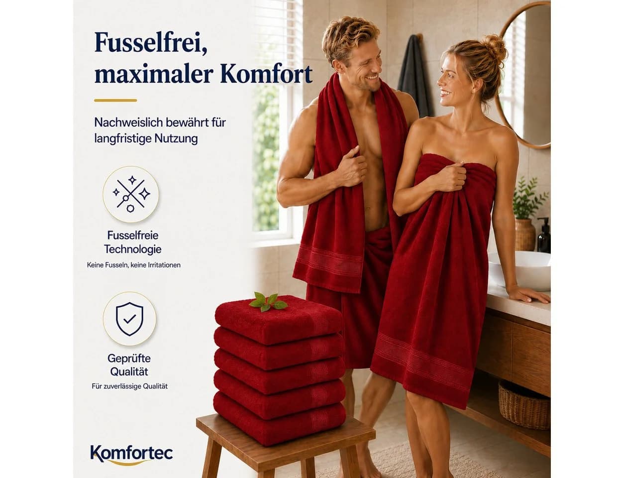 Komfortec Handtuch Set 3er Set Rot 100% Baumwolle Frottee - Bild 4