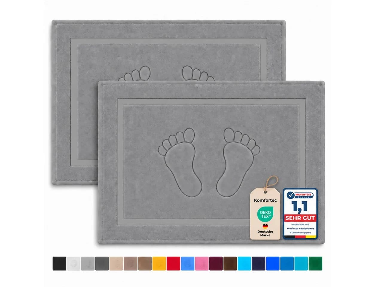 Komfortec Badematte 2er Set 100% Baumwolle Grau 50x80 cm - Bild 2