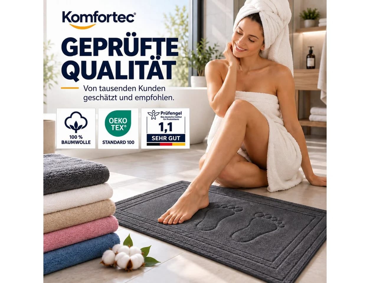 Komfortec Badematte 2er Set 100% Baumwolle Grau 50x80 cm - Bild 3