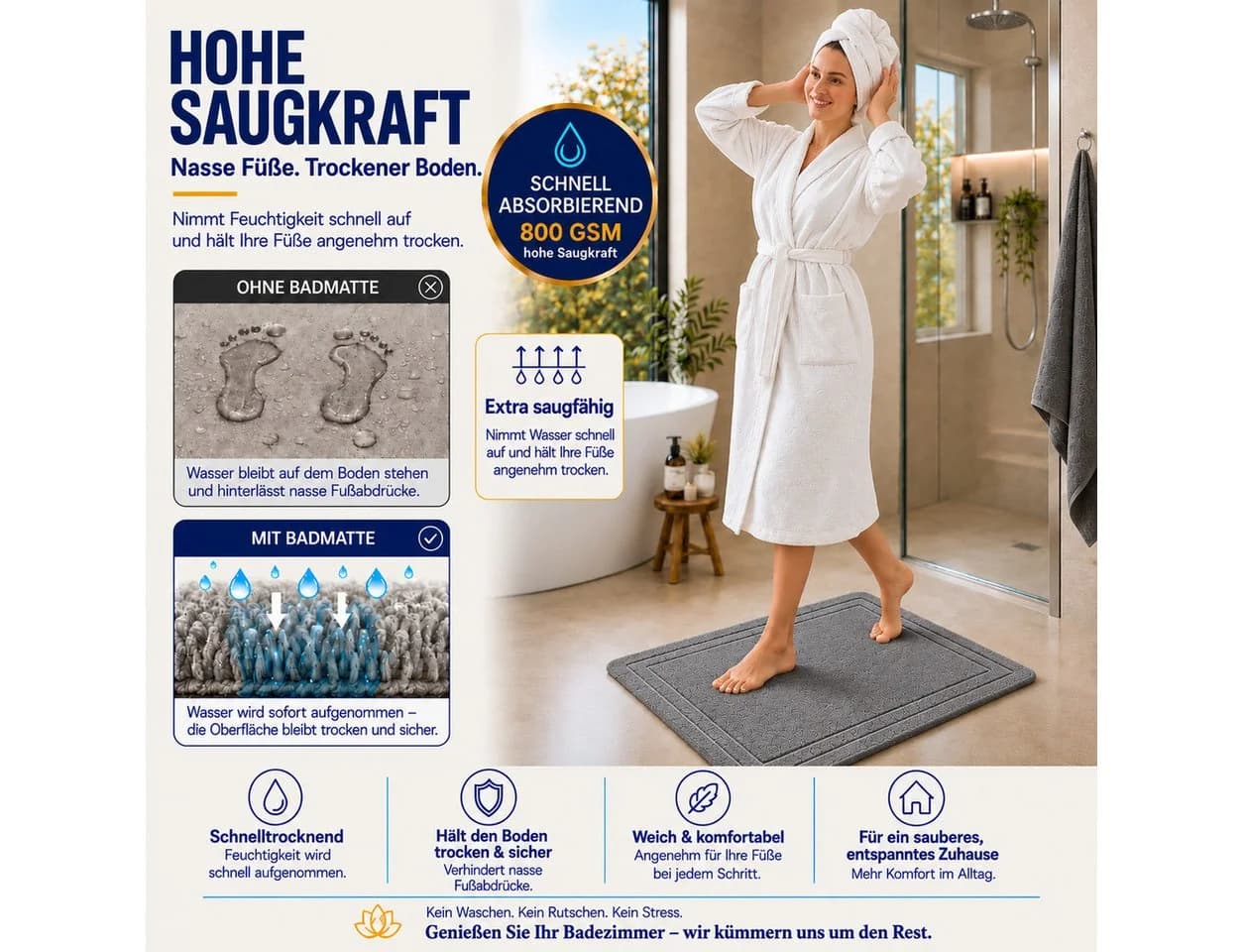 Komfortec Badematte 2er Set 100% Baumwolle Grau 50x80 cm - Bild 4