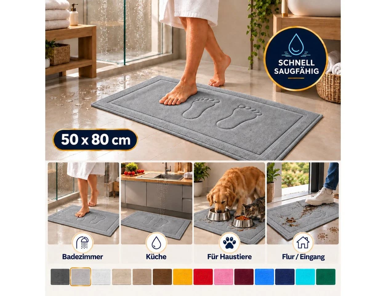 Komfortec Badematte 2er Set 100% Baumwolle Grau 50x80 cm - Bild 5