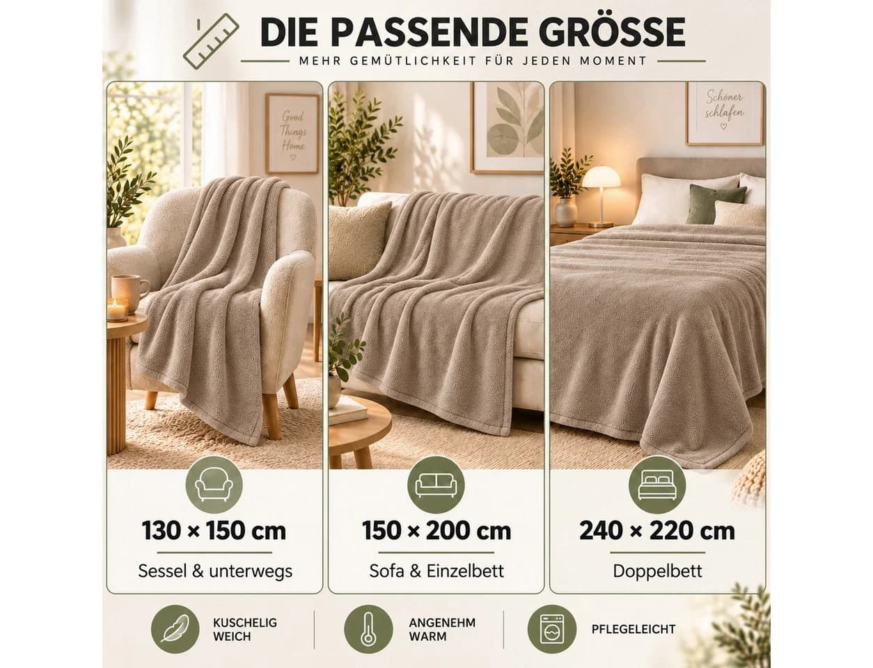Komfortec Wohndecke Kuscheldecke Beige 260 g/m² Mikrofaser