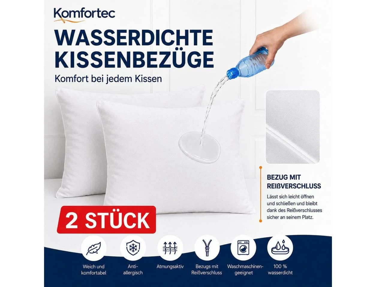Komfortec Wasserdichte Kissenbezüge 40x40 cm Weiß Set