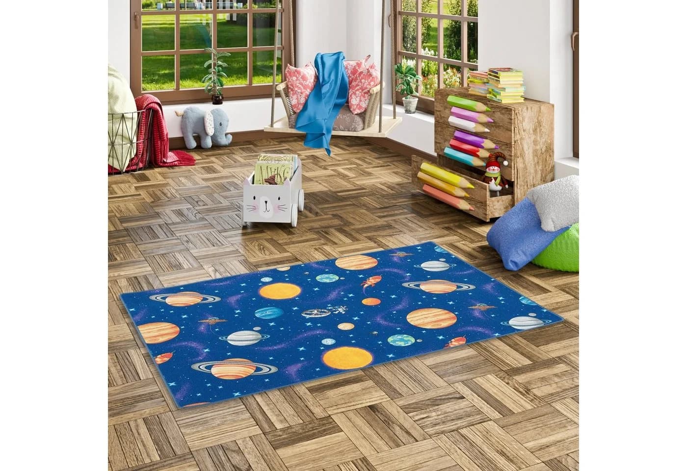 Snapstyle Kinderteppich Weltall Blau