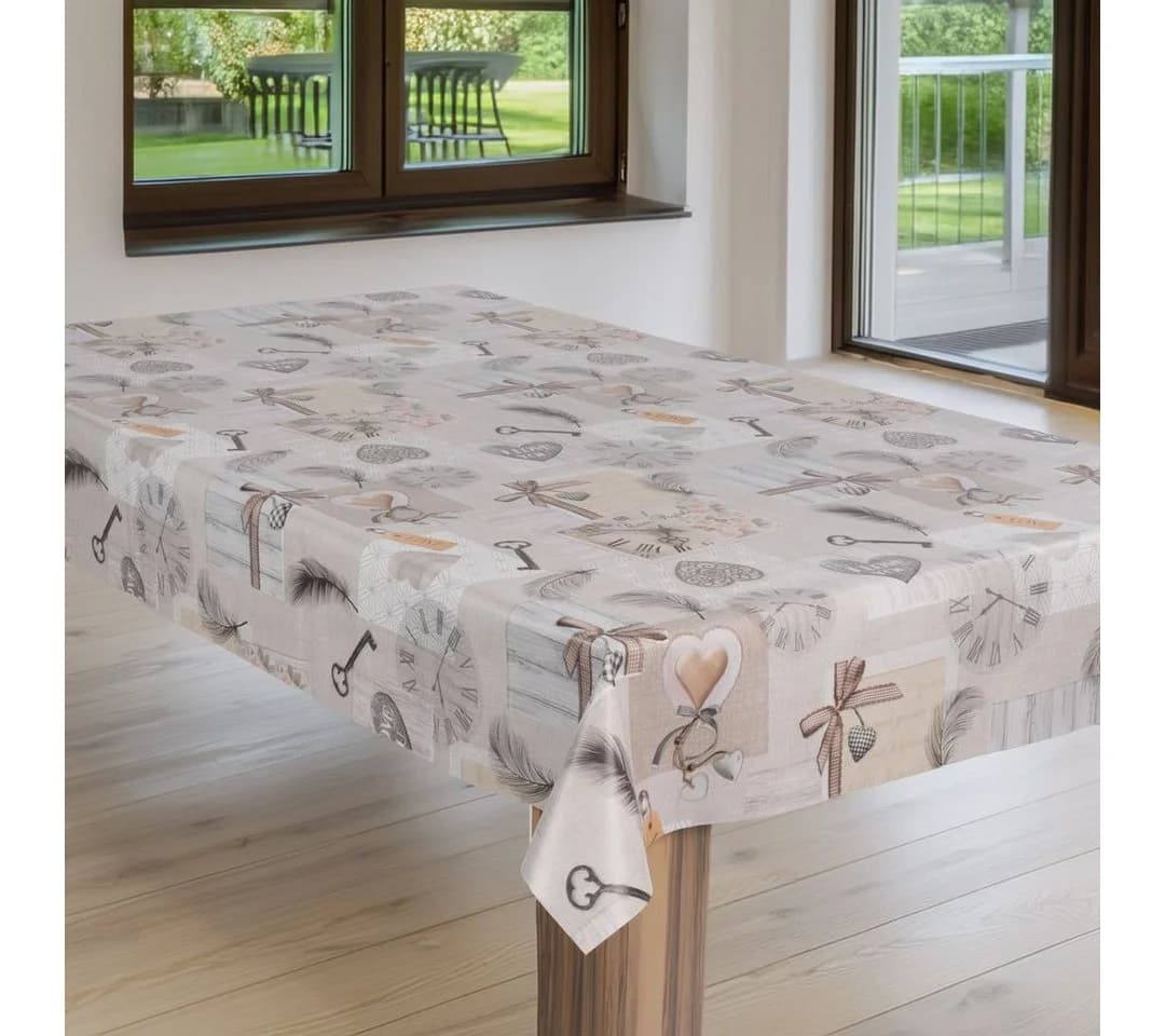 Laro Tischdecke Wachstuch Vintage Beige Herzen