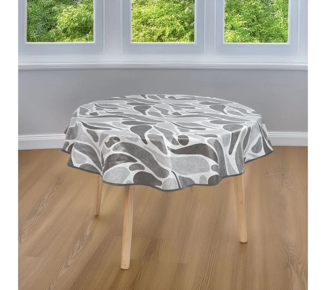 laro Runde Tischdecke 140cm Grau Schwarz Wachstuch Saum