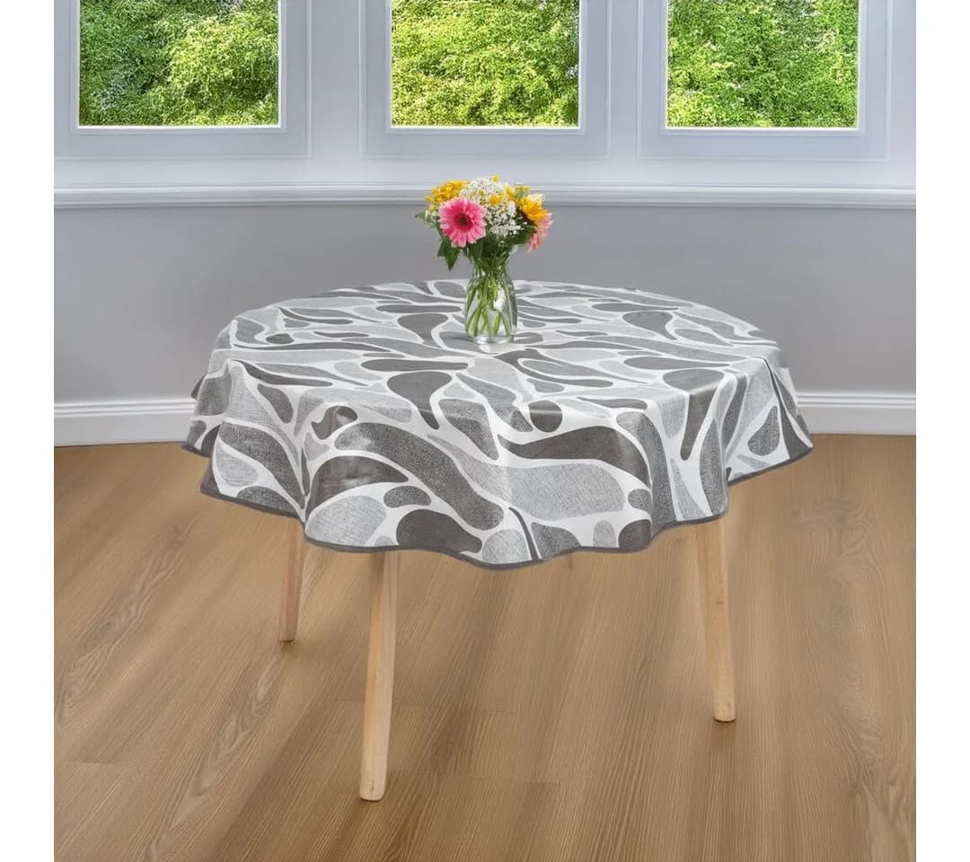 laro Runde Tischdecke 140cm Grau Schwarz Wachstuch Saum - Bild 3