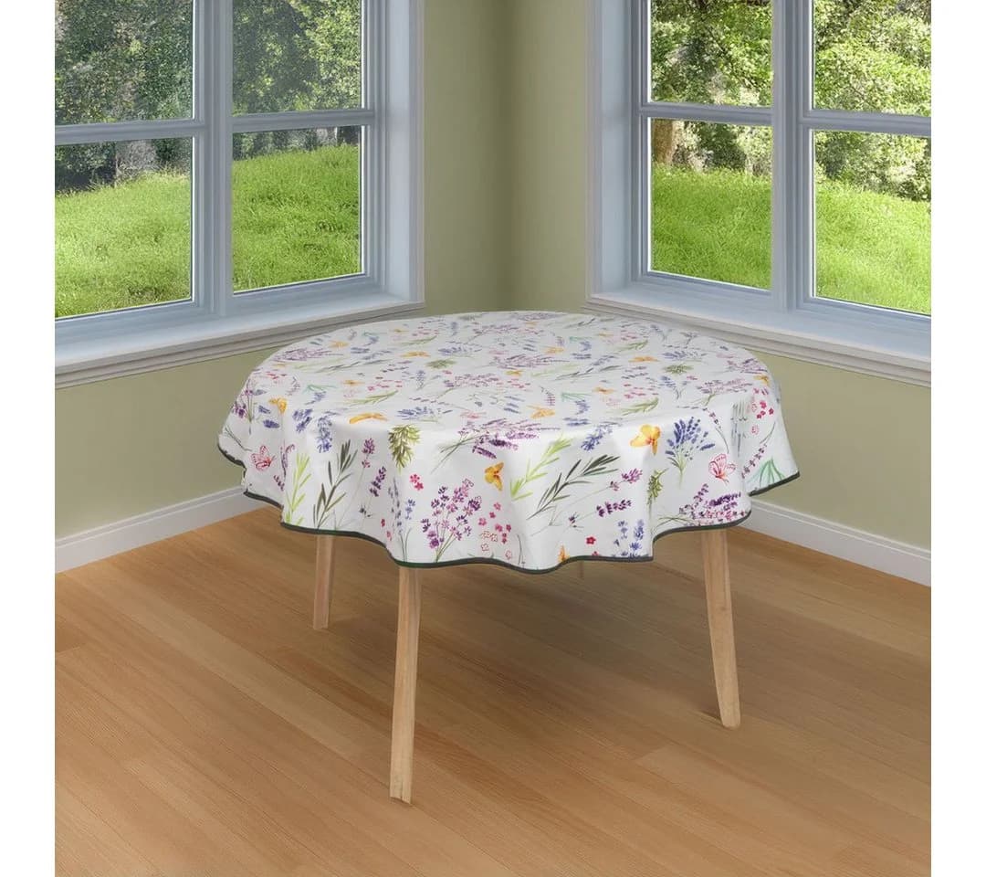 laro Wachstuchtischdecke 140cm Rund Bunt Weiß Blumenflügel