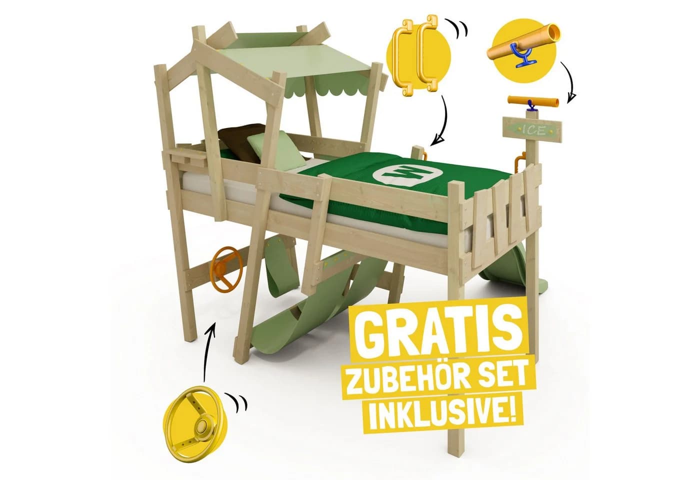 Wickey Kinderbett CrAzY Snuggy Hochbett Massivholz Grün mit Rutsche
