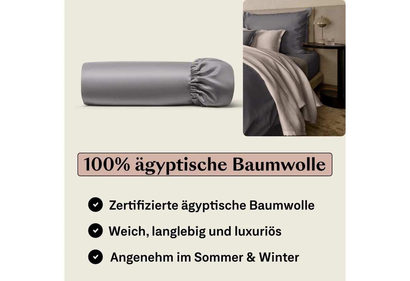 Amqua Spannbettlaken Premium Mako Satin Grau 100% Baumwolle