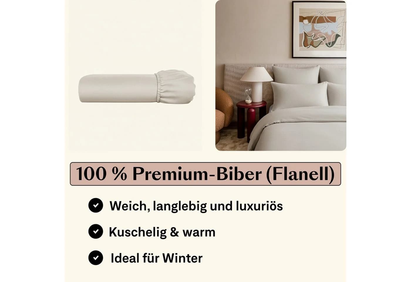 Amqua Spannbettlaken Premium Biber Flanell 100% Baumwolle Beige/Weiß