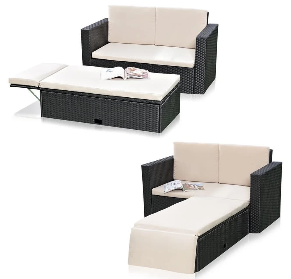 Feel2Home Gartensofa & Ottomane Grau Polyrattan mit Kissen - Bild 2