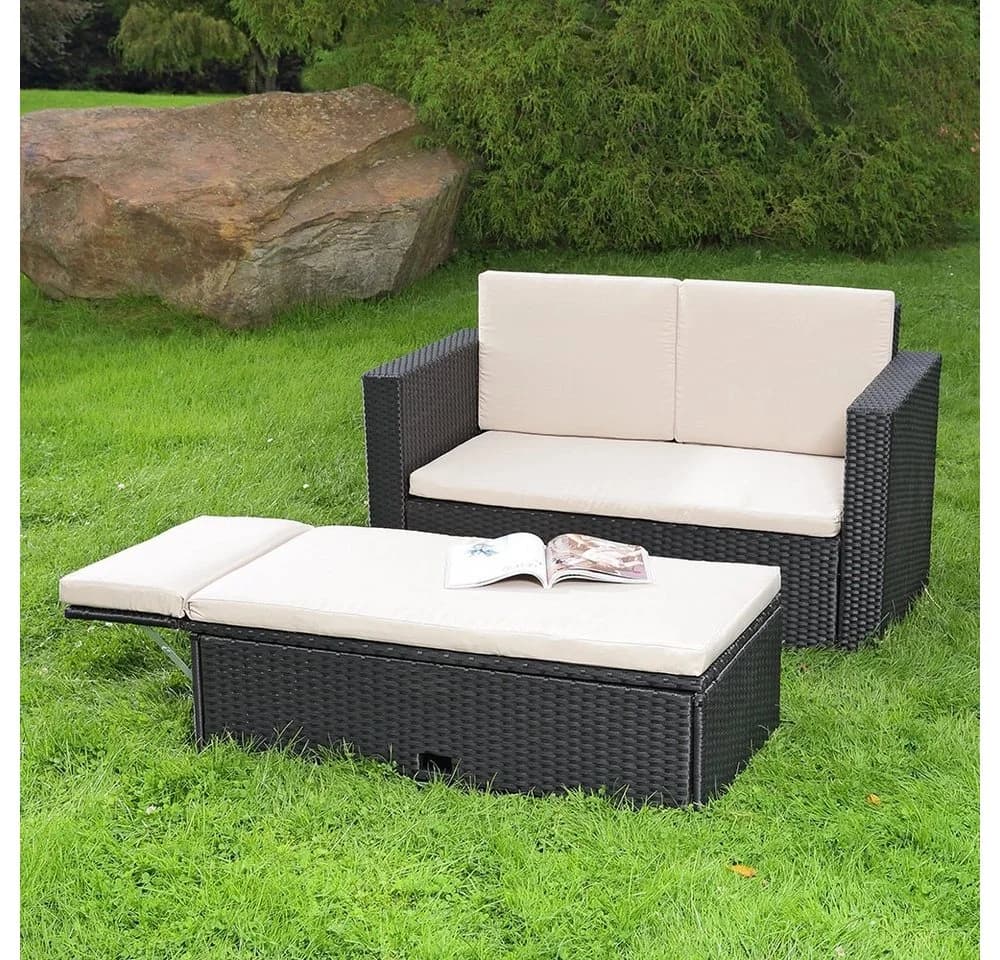 Feel2Home Gartensofa & Ottomane Grau Polyrattan mit Kissen - Bild 3