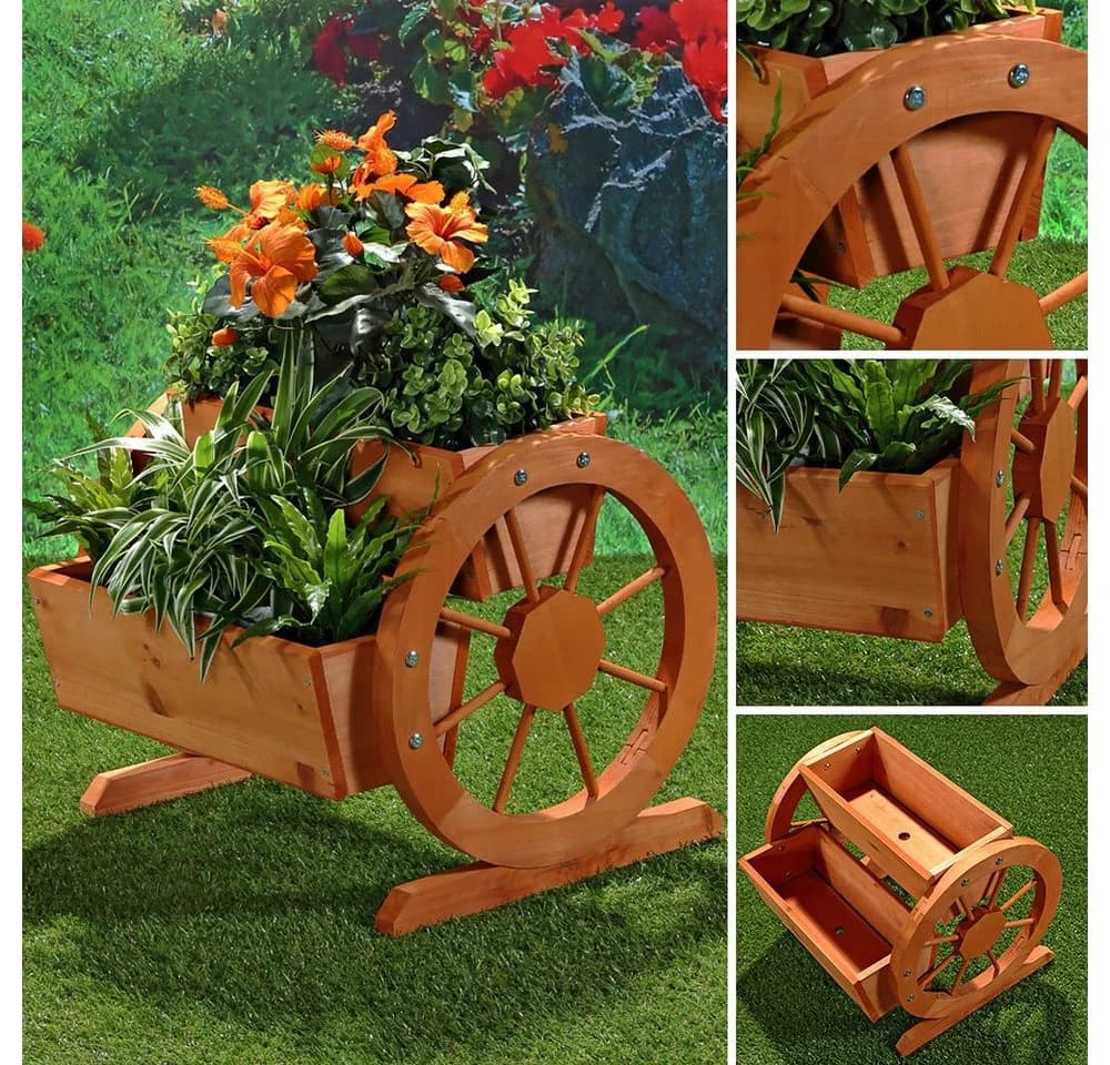 Feel2Home Blumenkasten Pflanzkübel mit Wagenrädern aus Holz