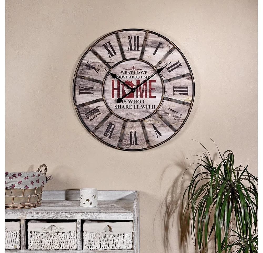 Feel2Home XXL Wanduhr Vintage Shabby Chic Beige/Braun Metall