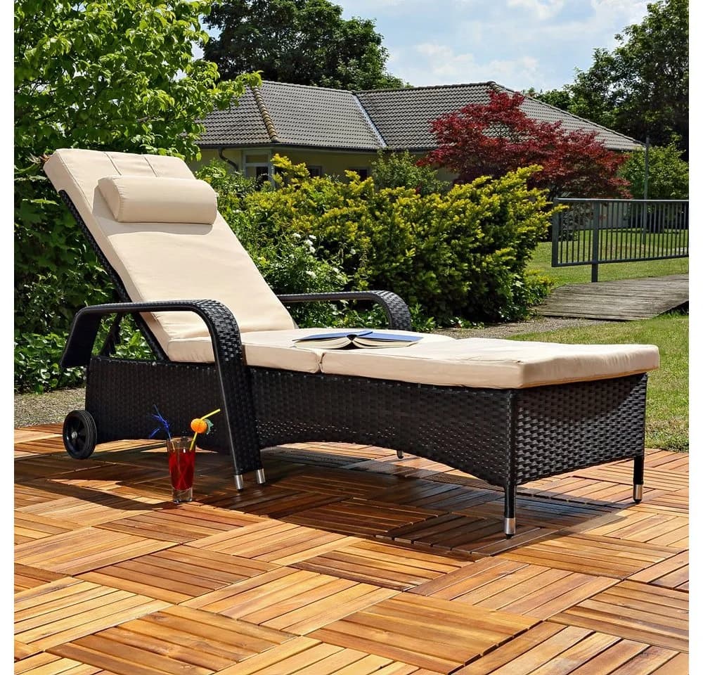 Feel2Home Gartenliege Polyrattan mit verstellbarer Rückenlehne und Kissen