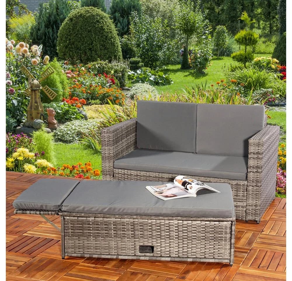 Feel2Home Garten-Essgruppe Gartensofa Fußbank Lounge Polyrattan Outdoor Garnitur 2-tlg. Grau - Bild 3