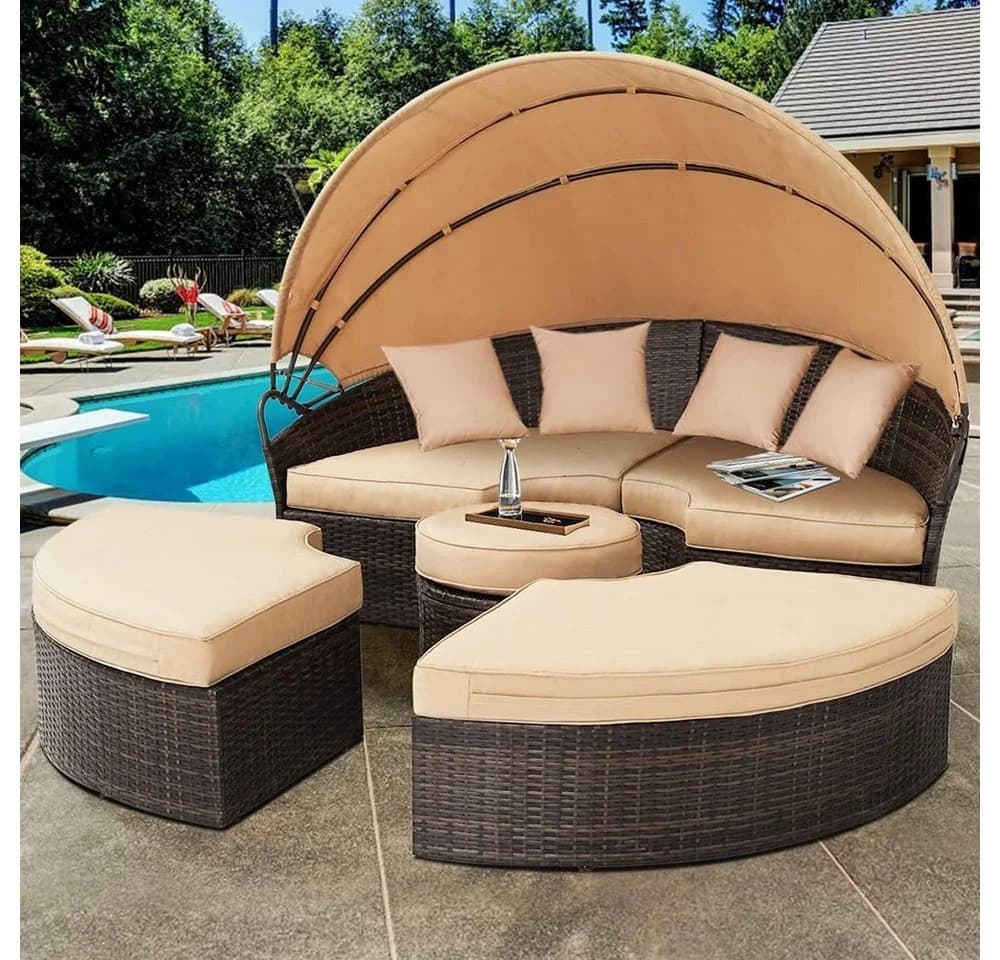 Feel2Home Sonneninsel Polyrattan Gartenmuschel mit Sonnenschutzdach