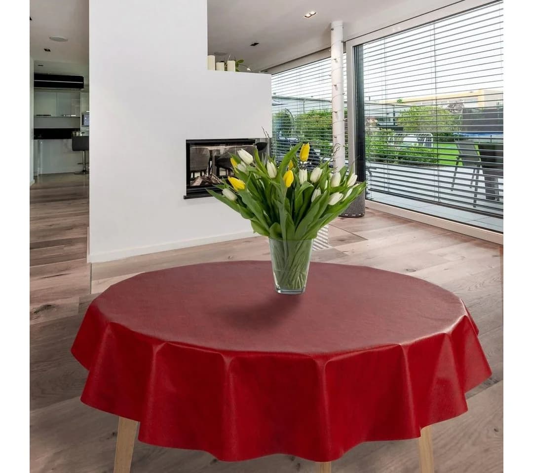 laro Wachstuch-Tischdecke Rot Leinenoptik Rund 140cm