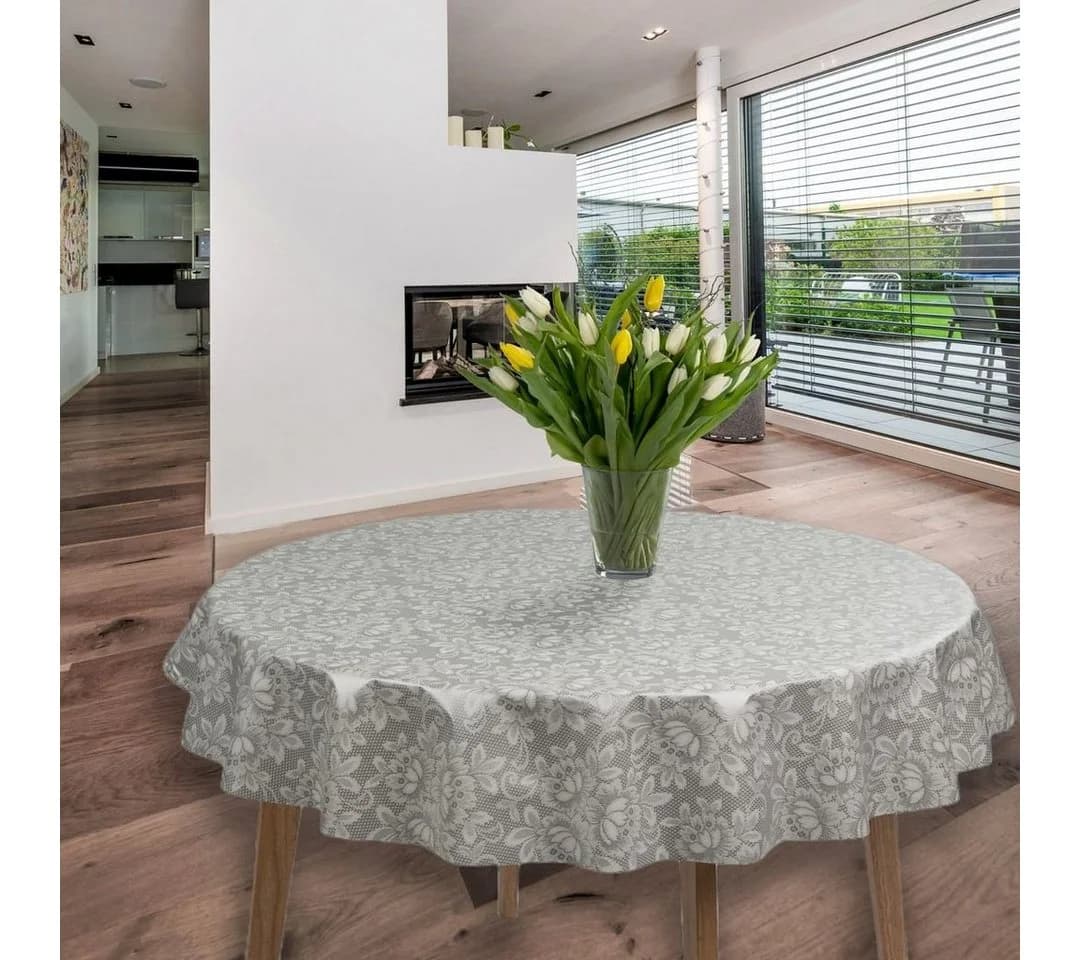 laro Wachstuch-Tischdecke Rund 140cm Grau Weiß Blumenmuster