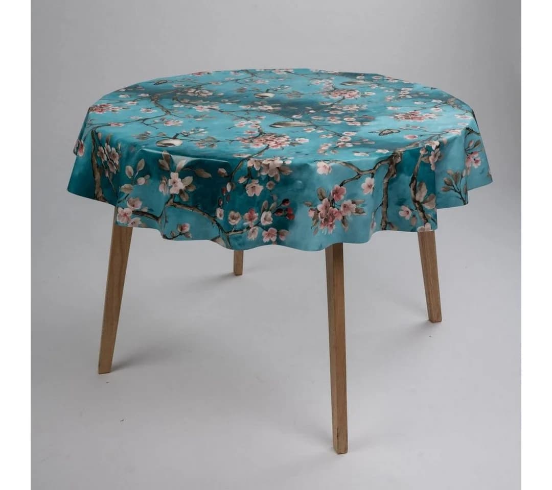 Laro Tischdecke Wachstuch Kirschblüten Blau Rund 140cm - Bild 3