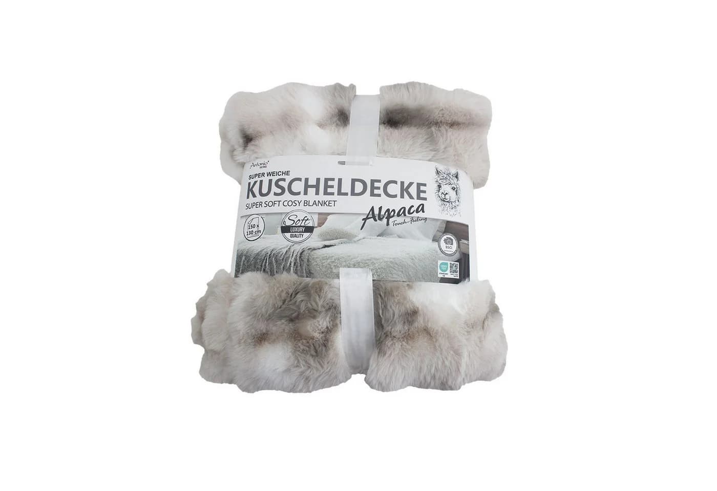 Wohndecke Premium Winter Decke Luxus Alpaka Touch Kunstfell VewoTex 150x130cm Creme-Braun