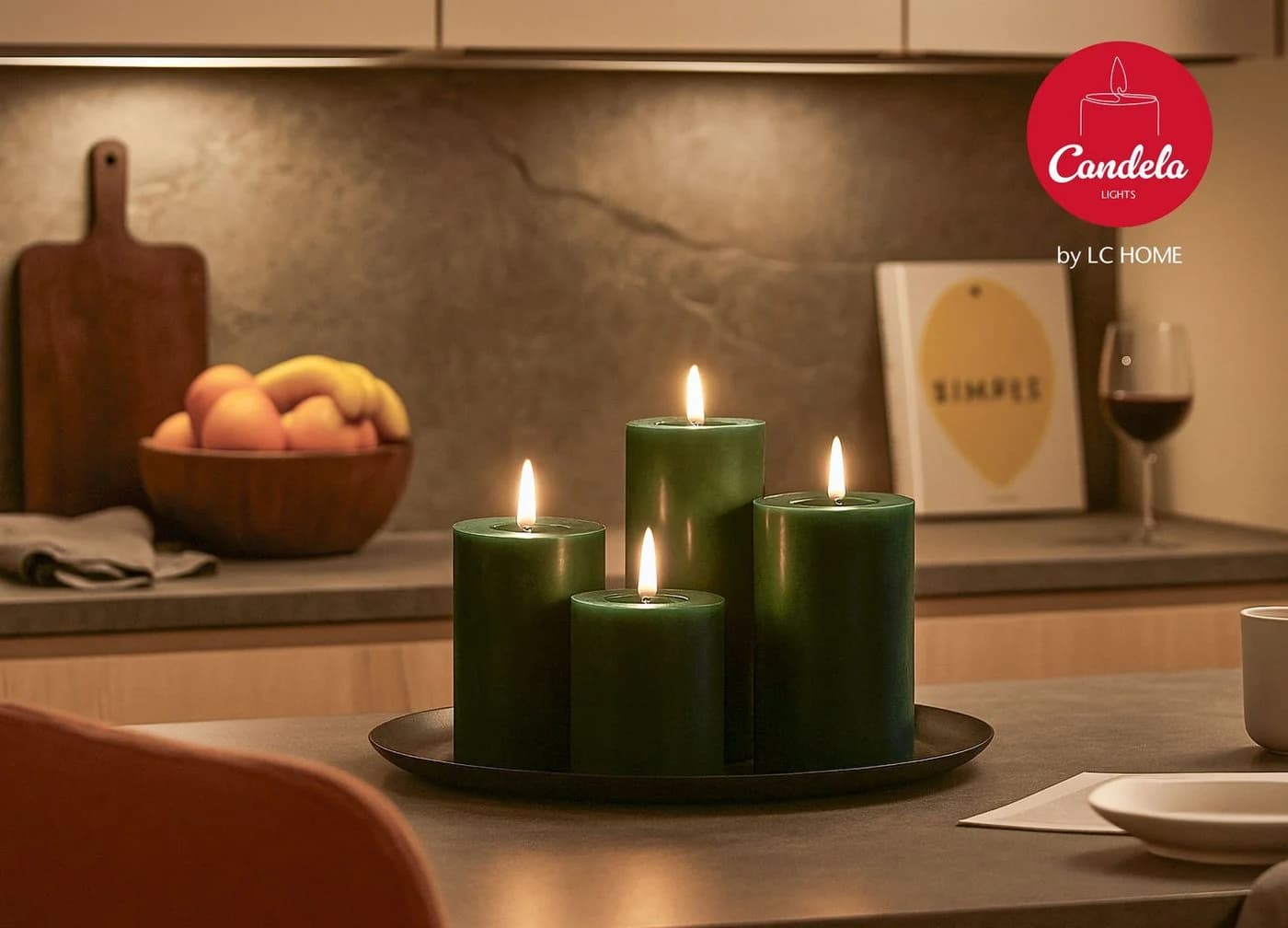 LC Home LED-Kerze Candela Lights 4er Set Echtwachs mit Kerzenteller