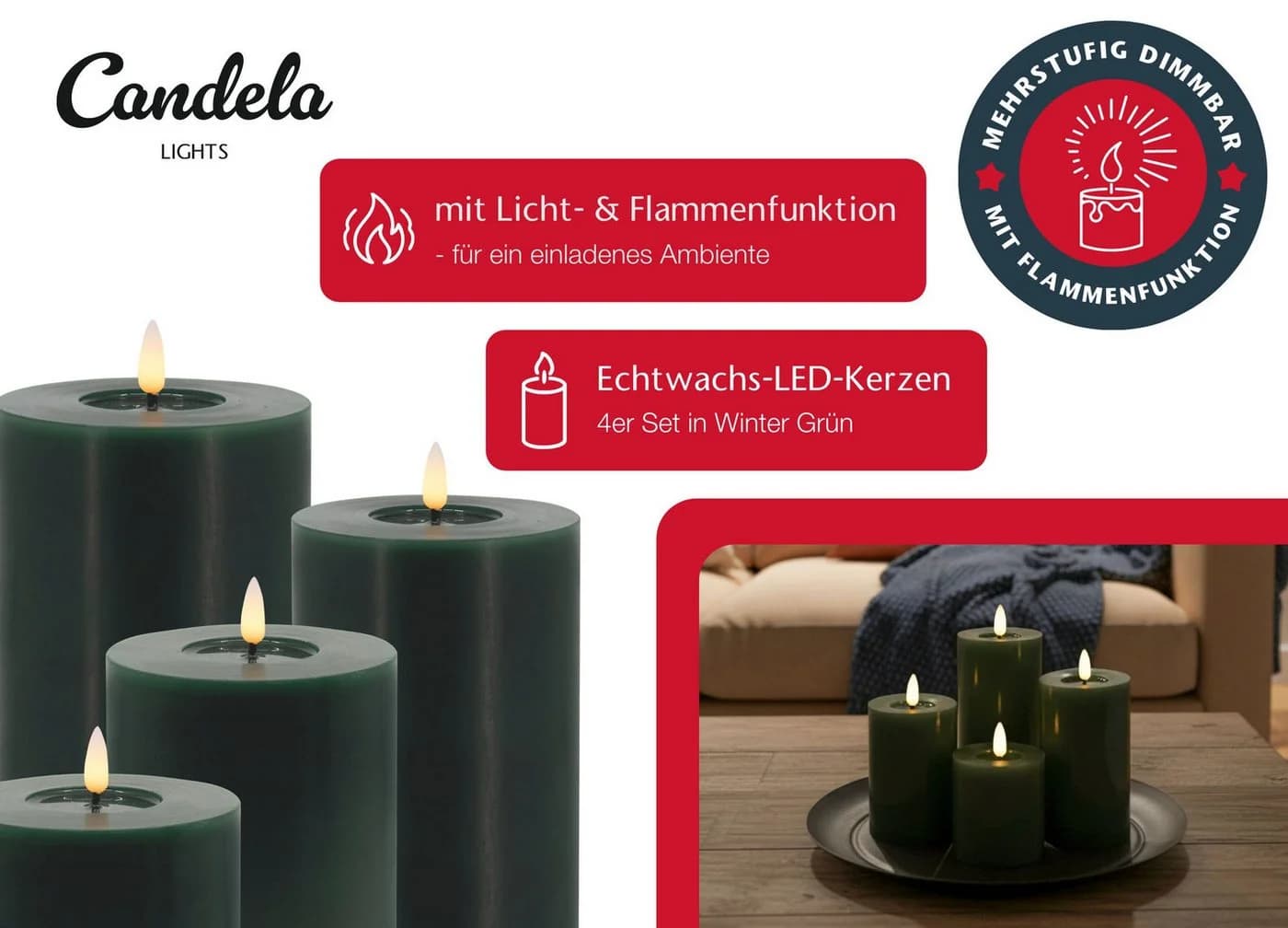 LC Home LED-Kerze Candela Lights 4er Set Echtwachs mit Kerzenteller - Bild 5