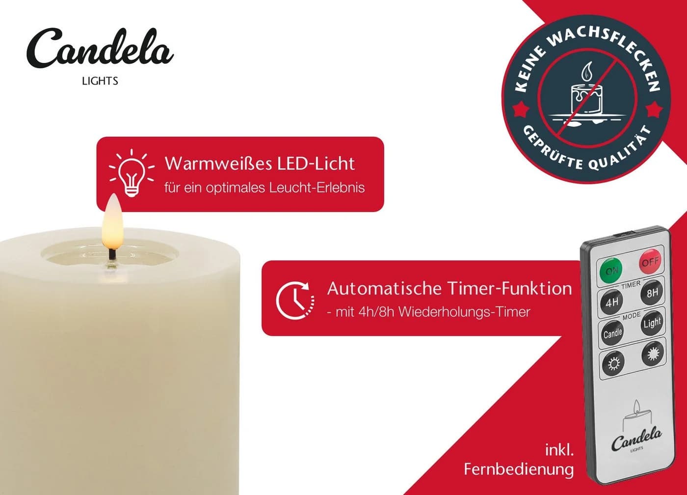 LC Home LED-Kerze Candela Lights LED Kerzen Echtwachs 4er-Set mit Fernbedienung Batterien Timerfunktion - Bild 3